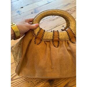 Donald J Pliner Brown & Gold Snakeskin Print Handbag Leather Trim